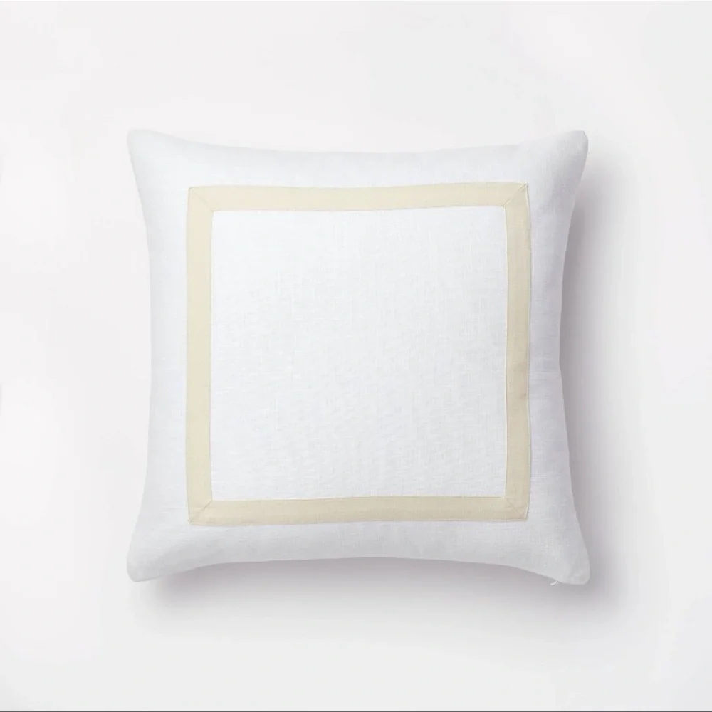 Euro Cotton Slub Border Applique Decorative Throw Pillow White/Camel